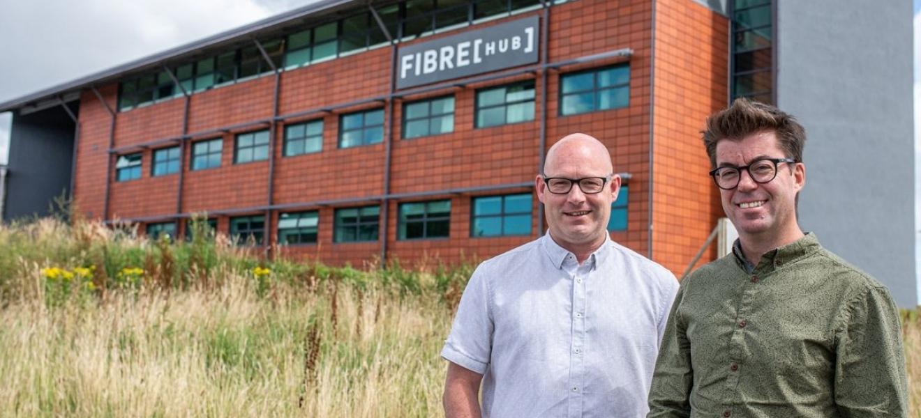Toby Parkins (left) and Craig Girvan (right), Co-founders and Directors of Headforwards, outside the FibreHub building. Toby Parkins (left) and Craig Girvan (right), Co-founders and Directors of Headforwards, outside the