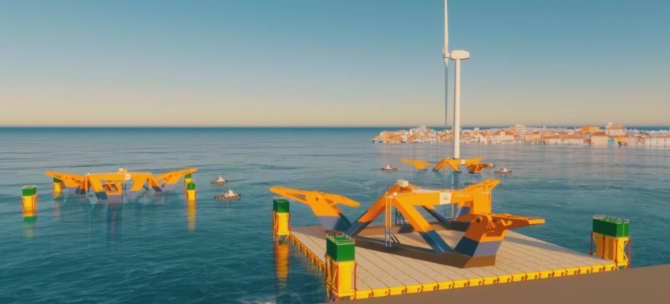 Gazelle floating offshore wind platform being assembled on a Tugdock Submersible Platform