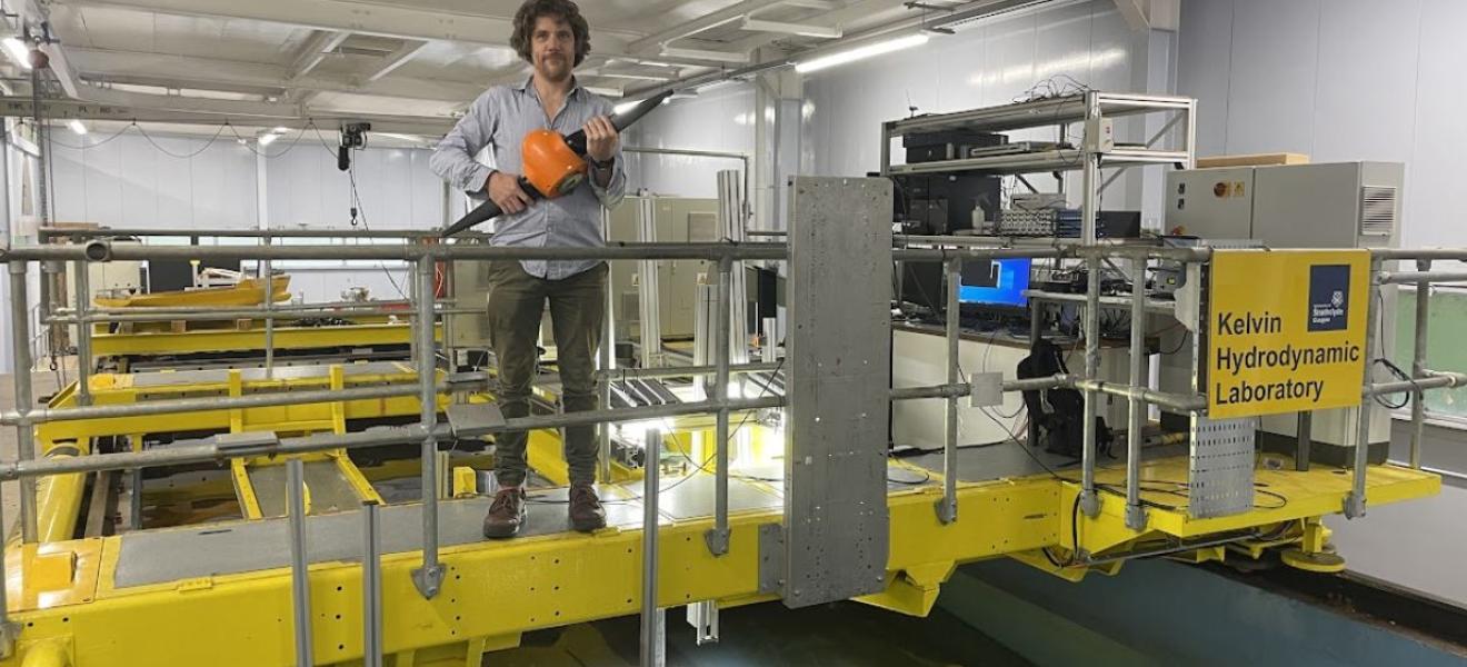George Dadd, HydroWing Lead Turbine Engineer, at hydrodynamic testing lab in Scotland. George Dadd, HydroWing Lead Turbine Engineer, at hydrodynamic testing lab in Scotland.