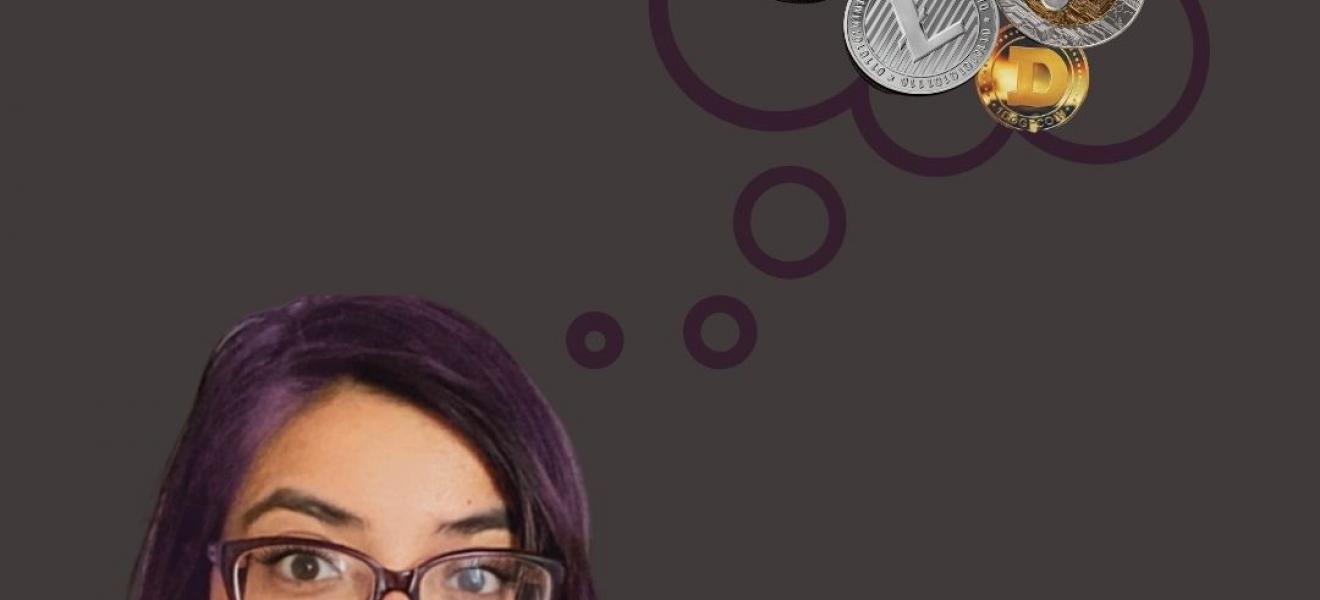 Feyaza Khan, grey background, grey hoodie, thought bubble with crypto coin logos