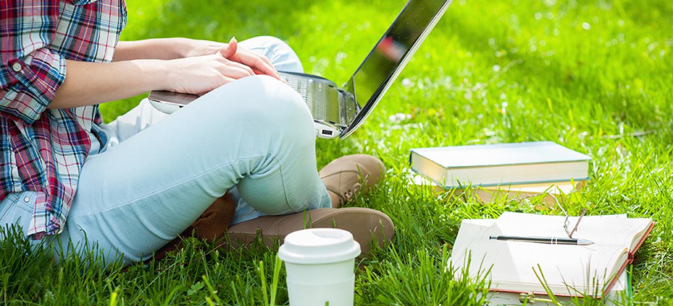 Working on laptop in the grass