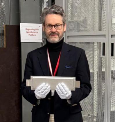 COO Christian Marston at UKBIC with one of the batteries