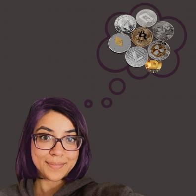 Feyaza Khan, grey background, grey hoodie, thought bubble with crypto coin logos