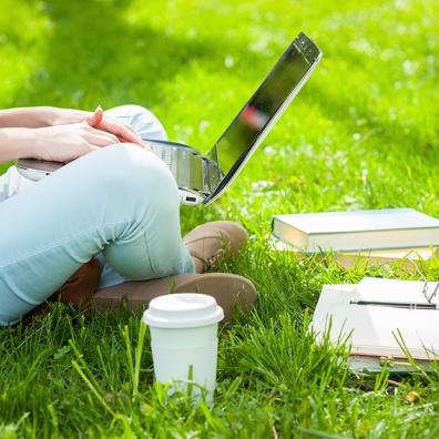 Working on laptop in the grass